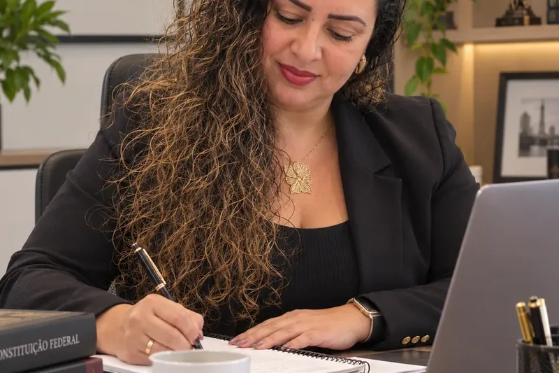Ana Flávia Pereira D’Abadia estudando os autos de um caso criminal